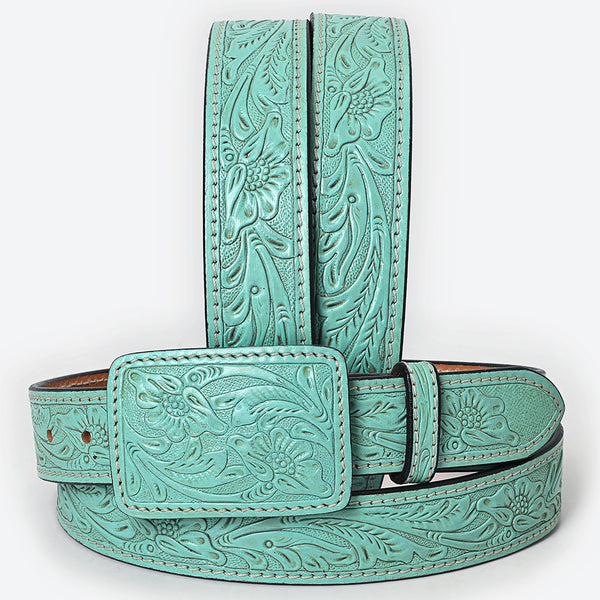 ADBLF214 Aqua Turquoise Hand-Tooled Leather Belt with Floral Design