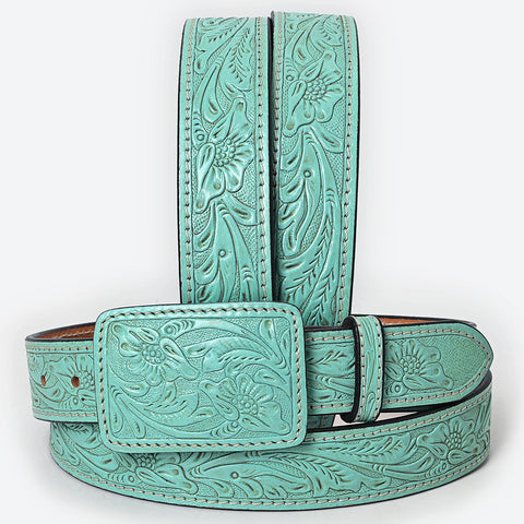 ADBLF214 Aqua Turquoise Hand-Tooled Leather Belt with Floral Design