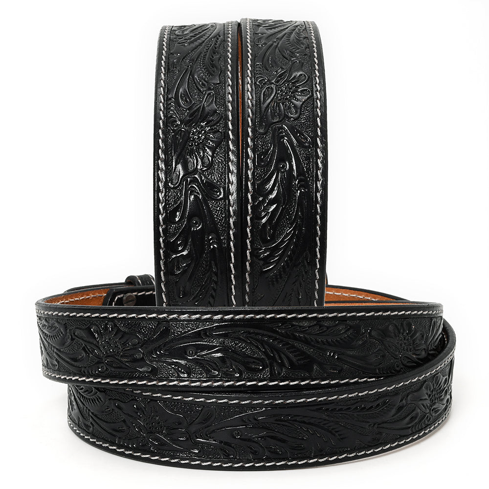 ADBLF215 Black Hand-Tooled Leather Belt with Matching Floral Buckle