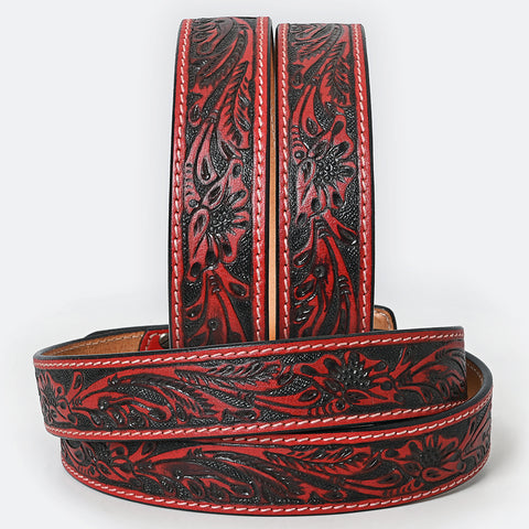 ADBLF216 Red & Black Hand-Tooled Leather Belt with Matching Floral Buckle