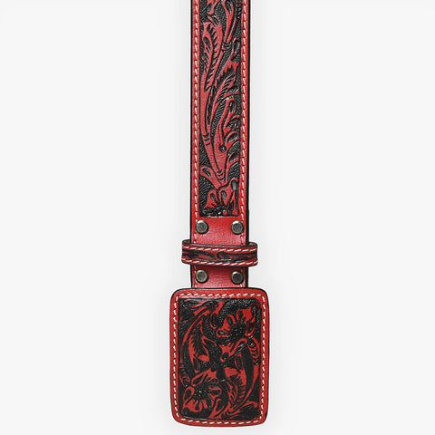 ADBLF216 Red & Black Hand-Tooled Leather Belt with Matching Floral Buckle