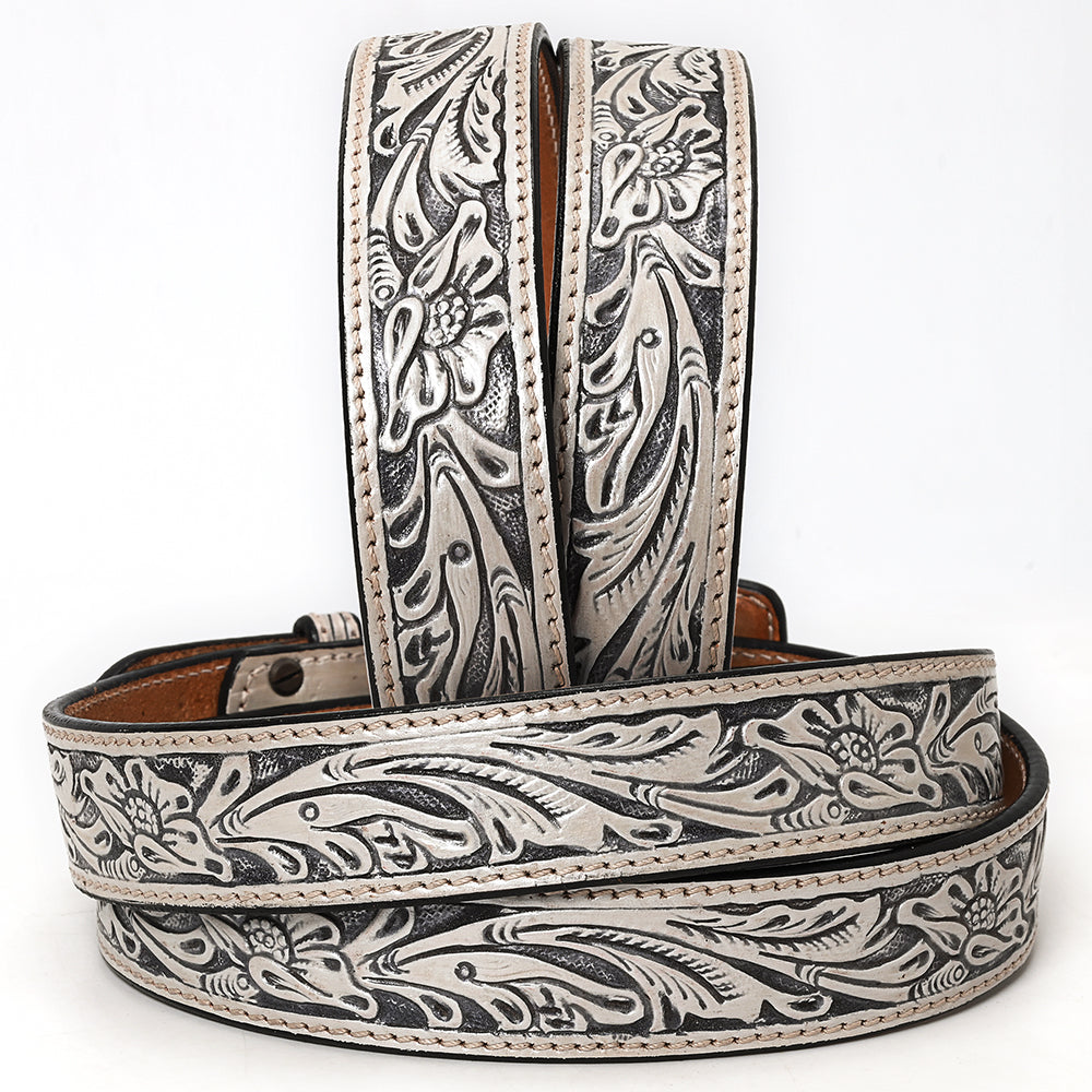 ADBLF217 Silver & Black Hand-Tooled Leather Belt with Matching Floral Buckle