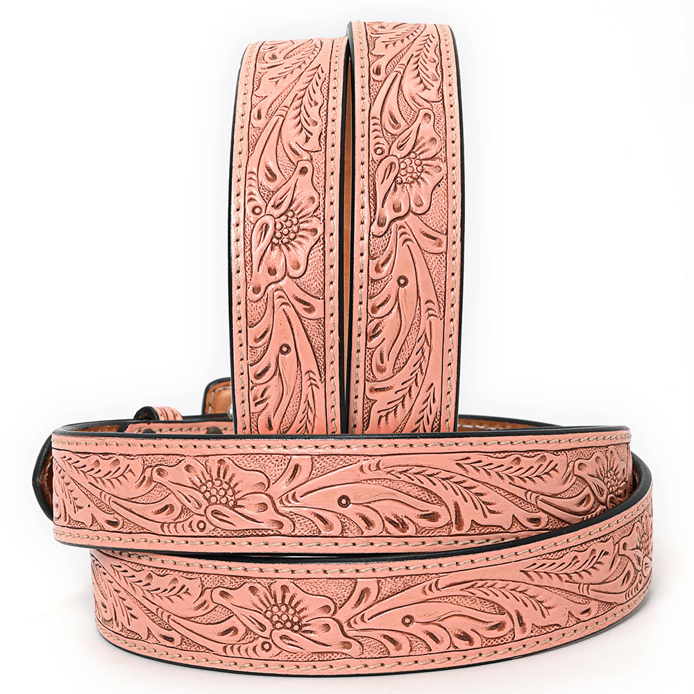 ADBLF218 Light Pink Hand-Tooled Leather Belt with Matching Floral Buckle