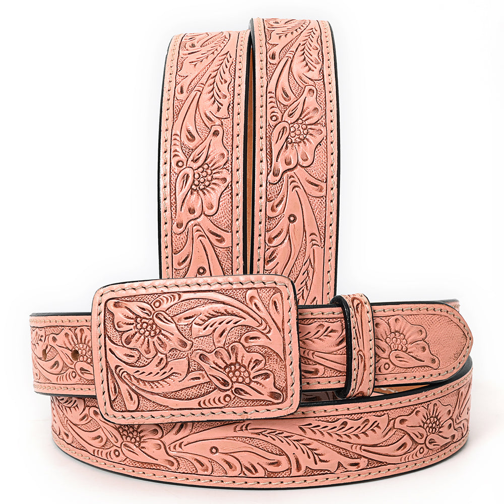 ADBLF218 Light Pink Hand-Tooled Leather Belt with Matching Floral Buckle