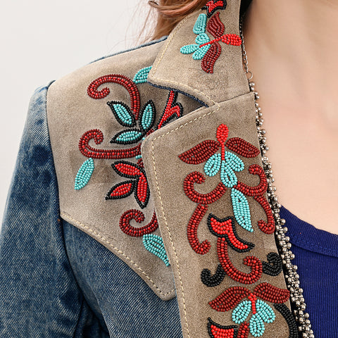 Luxury Denim Blazer Featuring Multi-Color Beaded Genuine Suede Accents
