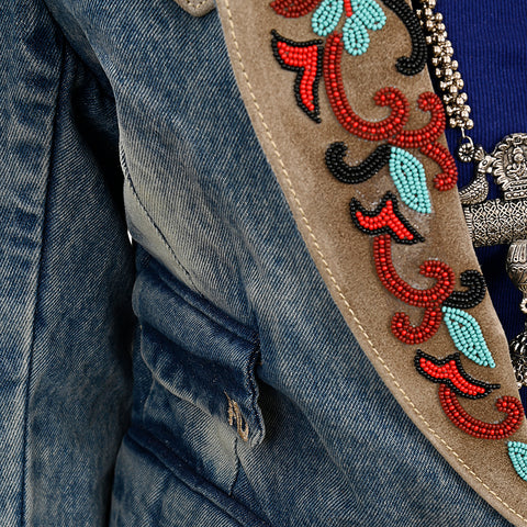 Luxury Denim Blazer Featuring Multi-Color Beaded Genuine Suede Accents