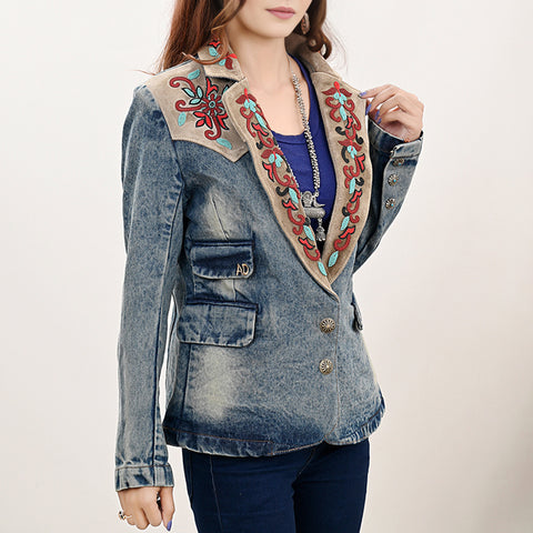 Luxury Denim Blazer Featuring Multi-Color Beaded Genuine Suede Accents