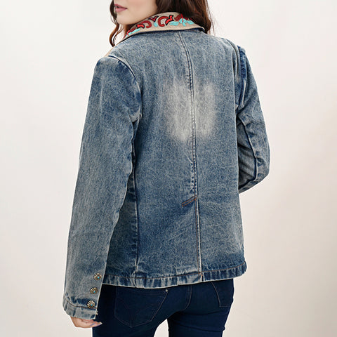 Luxury Denim Blazer Featuring Multi-Color Beaded Genuine Suede Accents