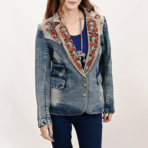 Luxury Denim Blazer Featuring Multi-Color Beaded Genuine Suede Accents