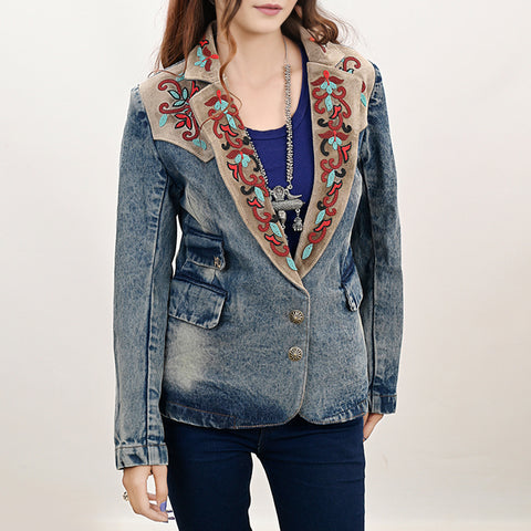Luxury Denim Blazer Featuring Multi-Color Beaded Genuine Suede Accents