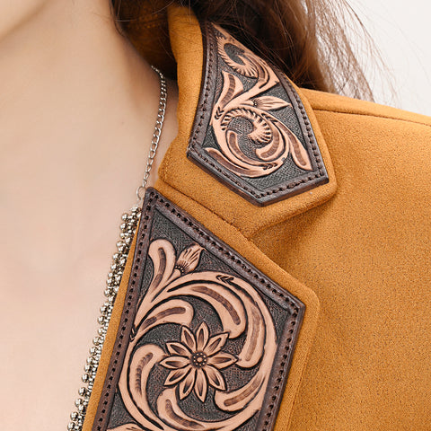 Mustard Fabric Western Blazer with Hand-Tooled Harness Leather Trim