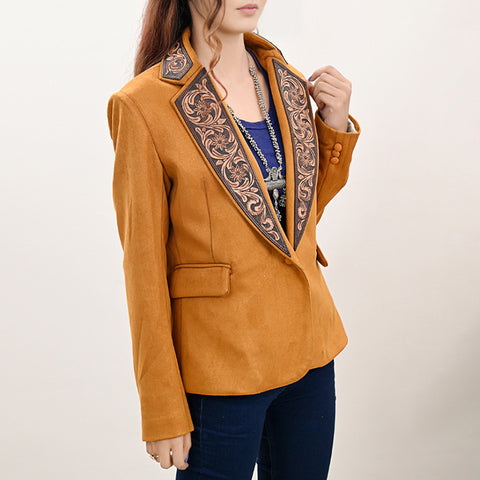 Mustard Fabric Western Blazer with Hand-Tooled Harness Leather Trim