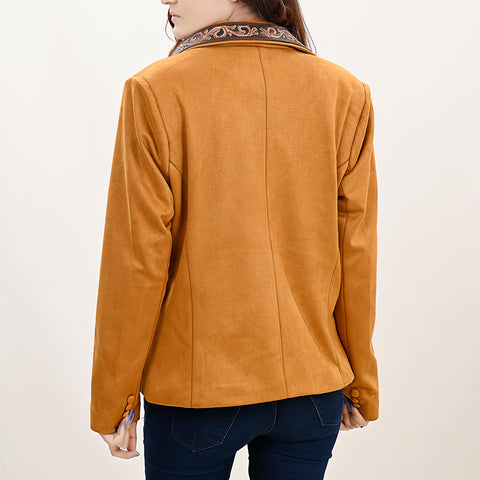 Mustard Fabric Western Blazer with Hand-Tooled Harness Leather Trim