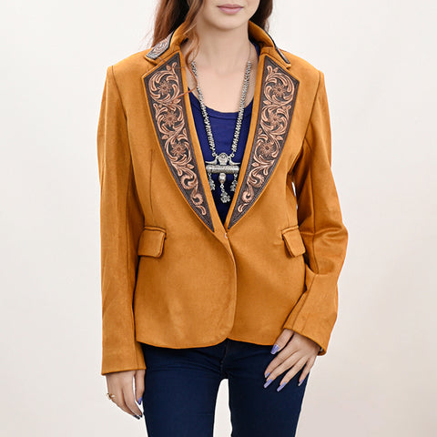 Mustard Fabric Western Blazer with Hand-Tooled Harness Leather Trim