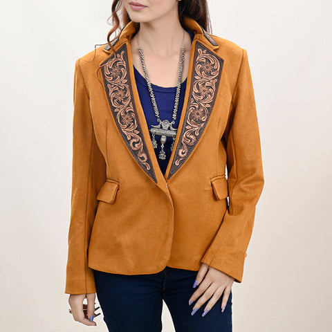 Mustard Fabric Western Blazer with Hand-Tooled Harness Leather Trim