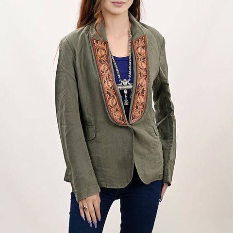 Women Green Fabric Jacket Featuring Carved Harness Leather Lapels