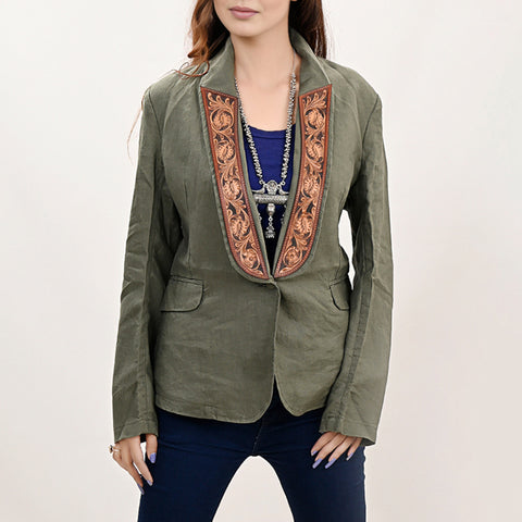 Women Green Fabric Jacket Featuring Carved Harness Leather Lapels