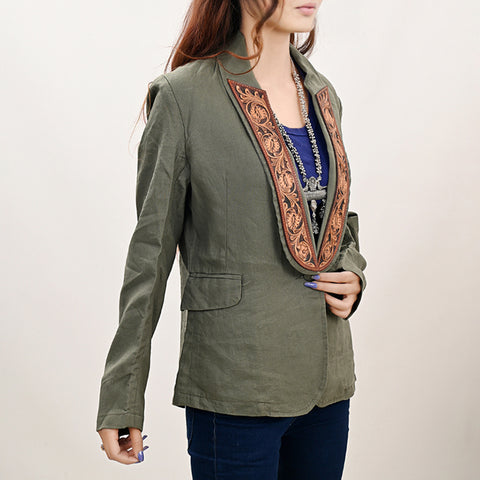 Women Green Fabric Jacket Featuring Carved Harness Leather Lapels