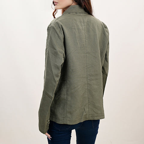 Women Green Fabric Jacket Featuring Carved Harness Leather Lapels
