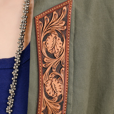 Women Green Fabric Jacket Featuring Carved Harness Leather Lapels