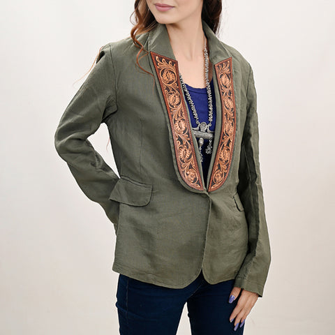 Women Green Fabric Jacket Featuring Carved Harness Leather Lapels