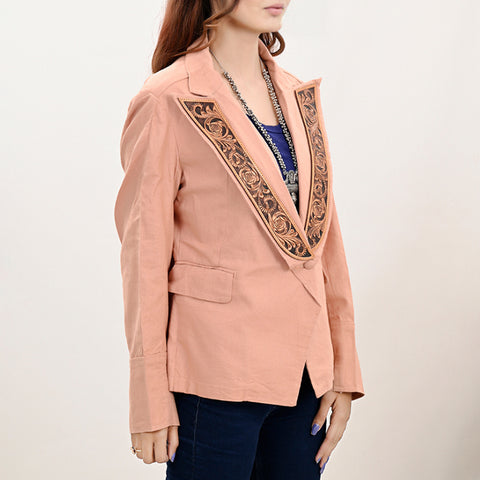 Tailored Soft Peach Fabric Western Jacket with Genuine Leather Accents