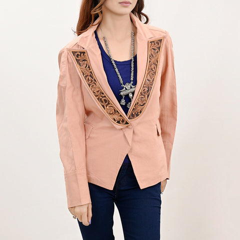 Tailored Soft Peach Fabric Western Jacket with Genuine Leather Accents