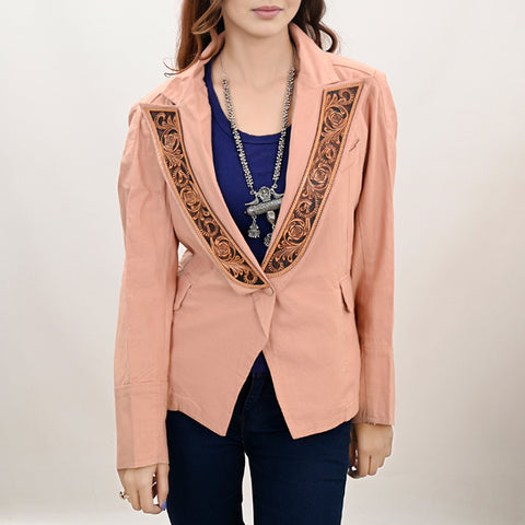 Tailored Soft Peach Fabric Western Jacket with Genuine Leather Accents