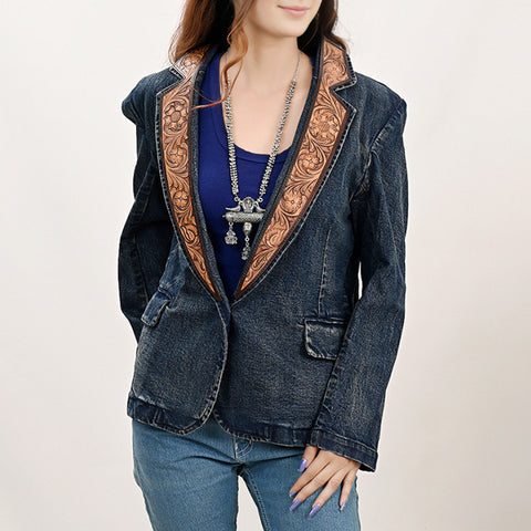Premium Denim Jacket Featuring Floral Carved Harness Leather Lapels