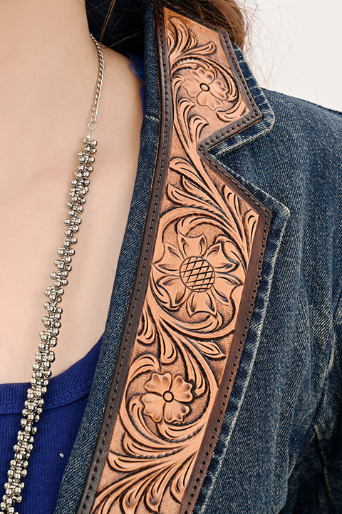 Premium Denim Jacket Featuring Floral Carved Harness Leather Lapels