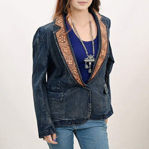 Premium Denim Jacket Featuring Floral Carved Harness Leather Lapels