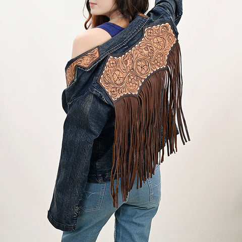 Premium Denim Jacket Featuring Floral Carved Harness Leather Lapels