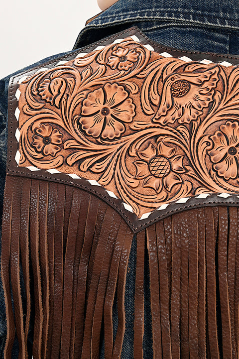 Premium Denim Jacket Featuring Floral Carved Harness Leather Lapels