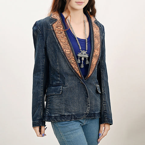 Premium Denim Jacket Featuring Floral Carved Harness Leather Lapels