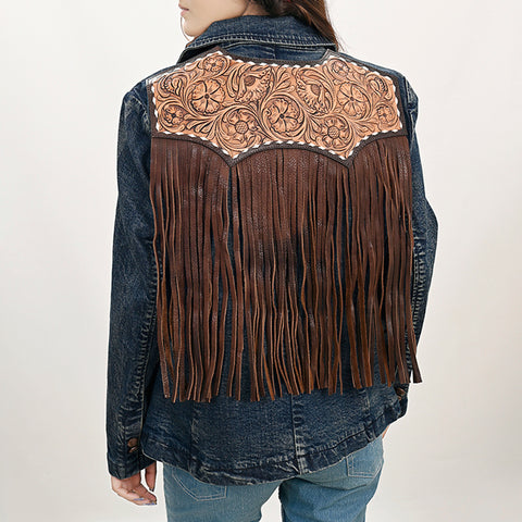 Premium Denim Jacket Featuring Floral Carved Harness Leather Lapels
