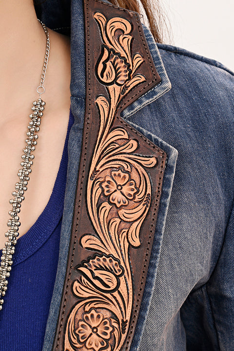 Floral Carved Harness Leather Lapel Women's Denim Western Jacket