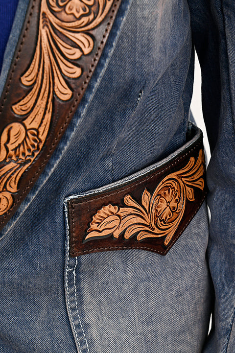 Floral Carved Harness Leather Lapel Women's Denim Western Jacket