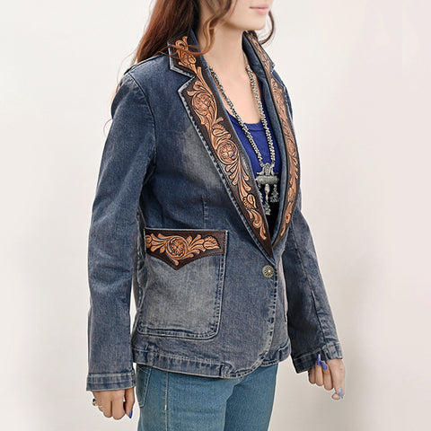 Floral Carved Harness Leather Lapel Women's Denim Western Jacket