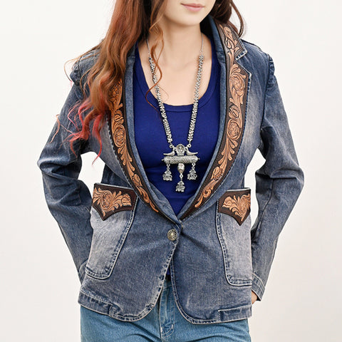 Floral Carved Harness Leather Lapel Women's Denim Western Jacket