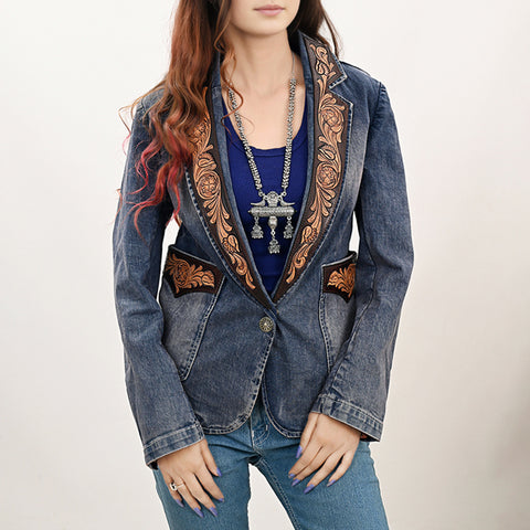 Floral Carved Harness Leather Lapel Women's Denim Western Jacket