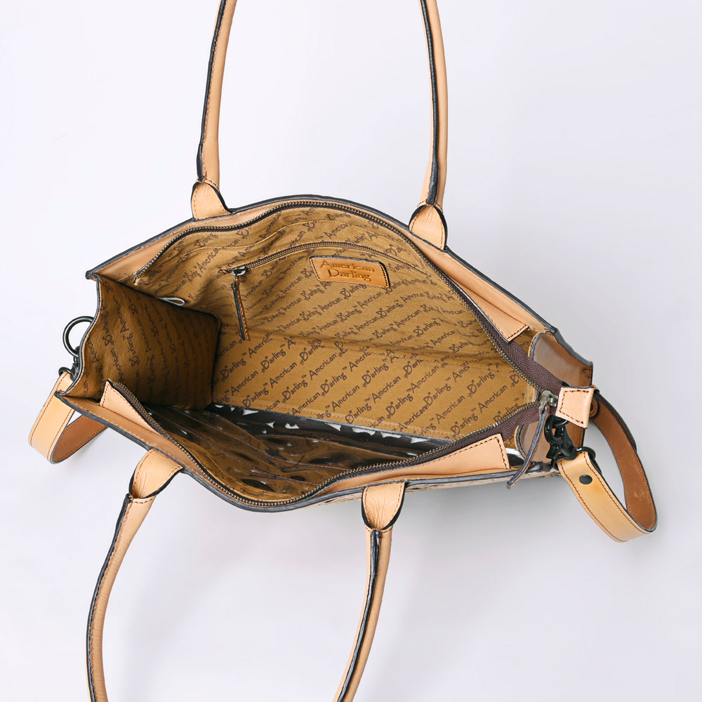 ADBGZ762A Slim Western Tote - Hand Tooled Tan Leather Bag with Panel Design