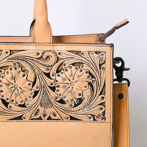 ADBGZ762A Slim Western Tote - Hand Tooled Tan Leather Bag with Panel Design
