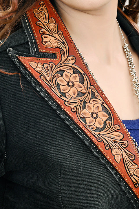 Western Style Denim Blazer with Authentic Harness Leather Detailing