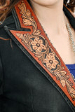 LC-ADBZ048 Black Double-Breasted Cowgirl Blazer with Hand-Tooled Leather Accents - Western Statement Jacket