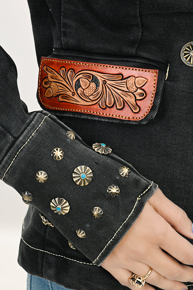 LC-ADBZ048 Black Double-Breasted Cowgirl Blazer with Hand-Tooled Leather Accents - Western Statement Jacket
