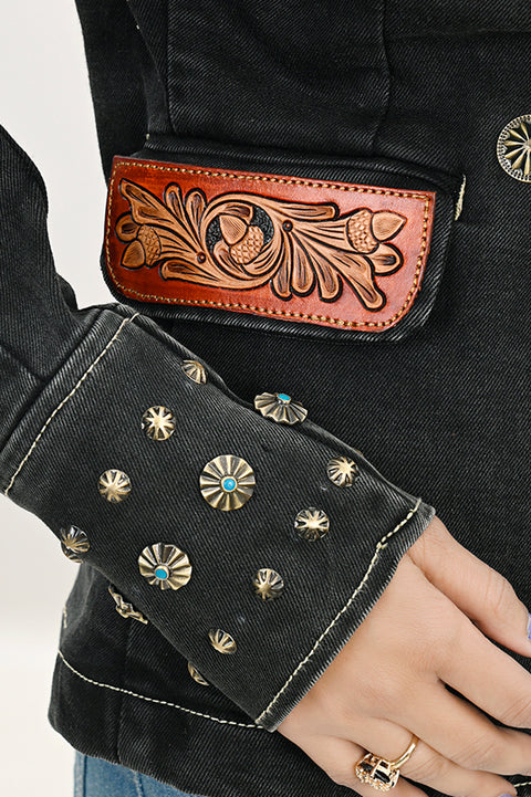 Western Style Denim Blazer with Authentic Harness Leather Detailing