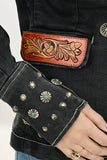 LC-ADBZ048 Black Double-Breasted Cowgirl Blazer with Hand-Tooled Leather Accents - Western Statement Jacket
