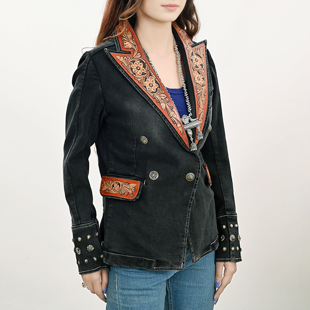 LC-ADBZ048 Black Double-Breasted Cowgirl Blazer with Hand-Tooled Leather Accents - Western Statement Jacket