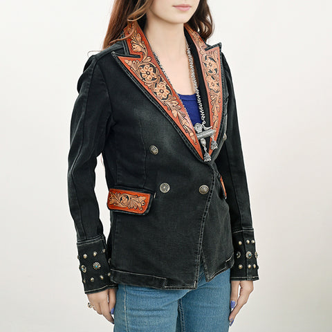 Western Style Denim Blazer with Authentic Harness Leather Detailing