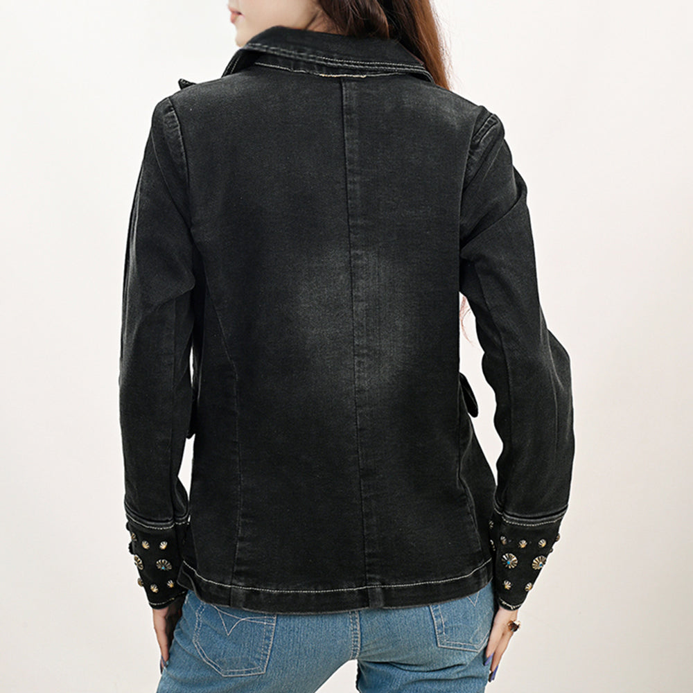 LC-ADBZ048 Black Double-Breasted Cowgirl Blazer with Hand-Tooled Leather Accents - Western Statement Jacket